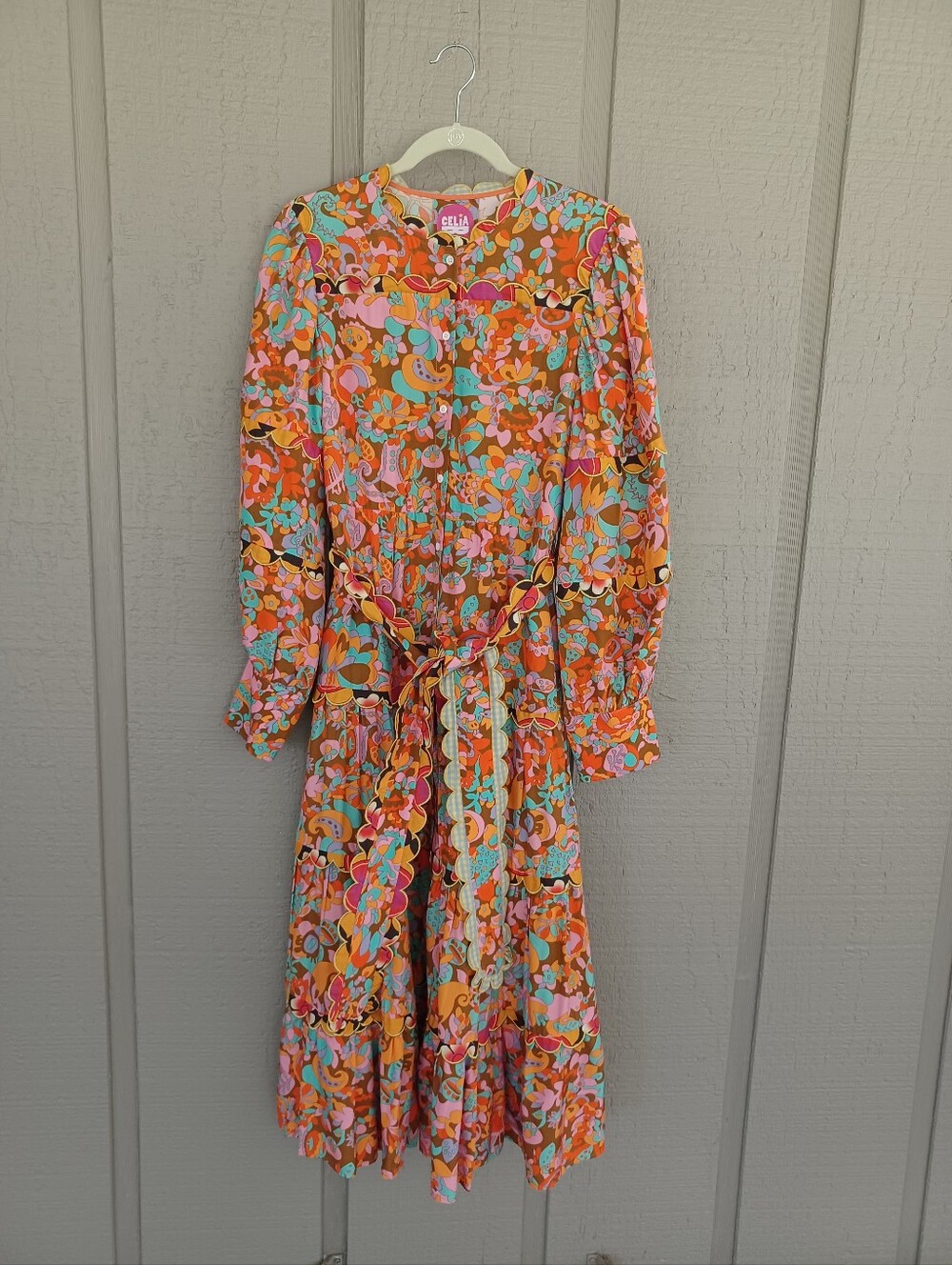 CeliaB Gualda Print Midi Dress Size M Women Feminine Tie Waist Long Sleeve Butto